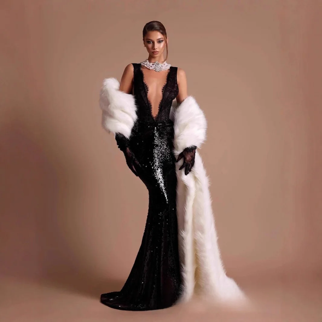 

New Double oulder Deep V Ne Lace Splicing Bla Sequin Bodycon Sexy Temperament Fi Tail Dr Evening Gown Par Dr