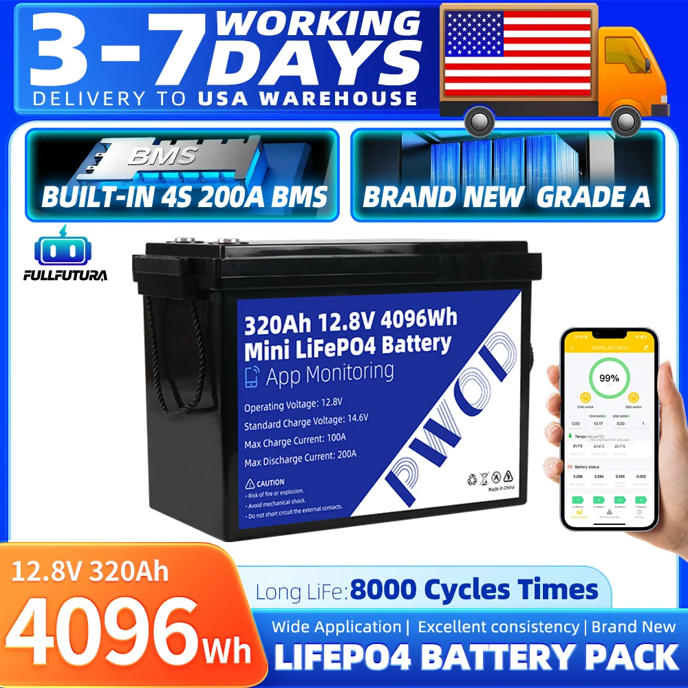 APP Mornitoring 12V 320Ah Lifepo4 Battery 4096Wh Built-in 4S 200A BMS Rechargeable LFP Batteries Pack 8000+ Cycles Mini Size Grade A Lithium Iron Phosphate Cells DIY 12V 24V For Trolling Motors RV Camping Outdoor Marine Yacht EV Brand New
