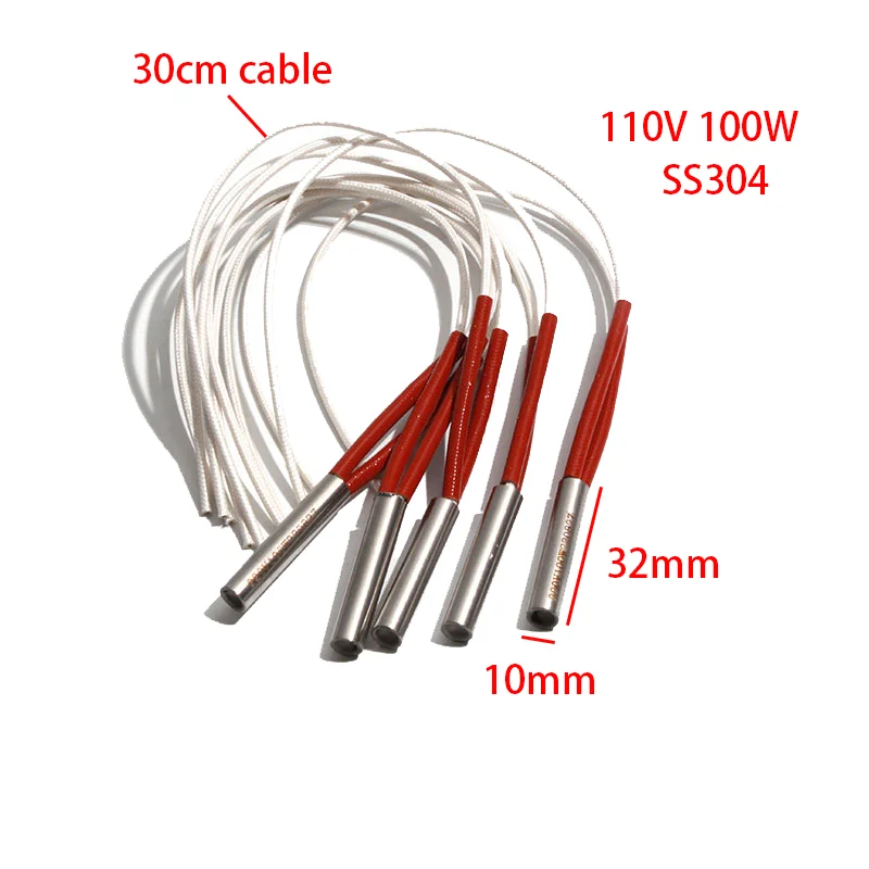 SNDHEATER Картриджный нагреватель 110 В 100 Вт 10x32 мм 30 см Кабель SS304 5 шт.