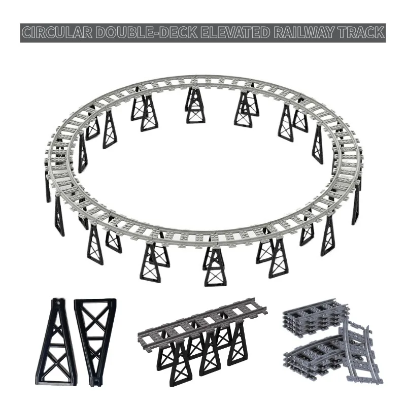 Children's Educational Building Blocks City Series Elevated Double-Level Circular Train Track Support with Curved Track Ornament