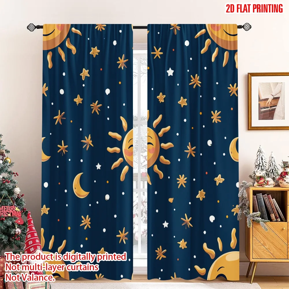 2pcs 2D flat printing Window Curtains Celestial Sun Moon Stars Digital Printed Polyester Drapes Festive Holiday Use for All
