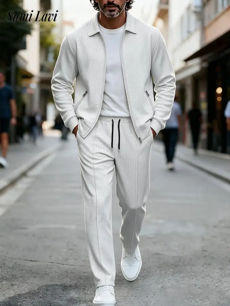 ensembles-deux-pieces-pour-hommes-costumes-unis-pour-l'exterieur-mode-automne-veste-zippee-a-col-rabattu-et-pantalon-en-tissu-gaufre