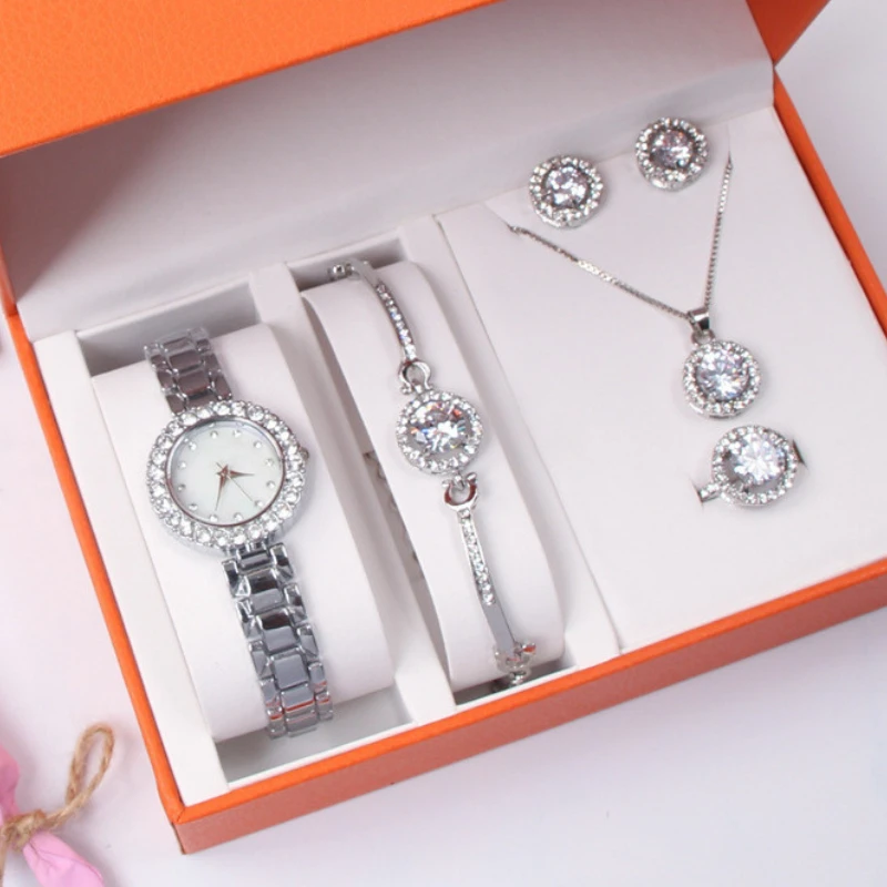 

1/5 шт./компл. серебряные женские часы, простая шкала, кварцевые наручные часы с бриллиантовым циферблатом, часы с ремешком из сплава, повседневный комплект ювелирных изделий, подарок для мамы