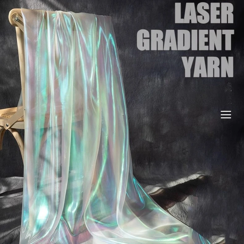 Iridescent Gradient Laser Organza Fabric, Sheer Gauze for Clothing Hanfu DIY Craft, Wedding Backdrop Kindergarten Art Decor