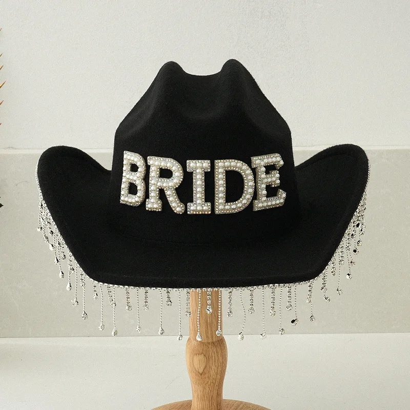 Women's top hat, wedding rhinestone tassel, letter BRIDE accessory, large brim, suitable for dates, lightweight and luxurious
