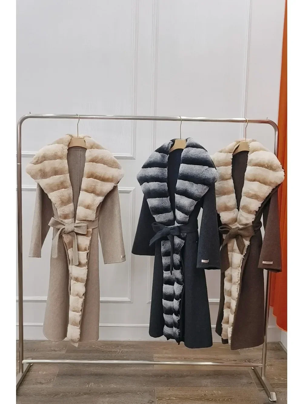 Vrouwen natuurlijke Rex konijnenbont wolmengsels dikke warme lange bovenkleding met riem casual echt bont kapjas