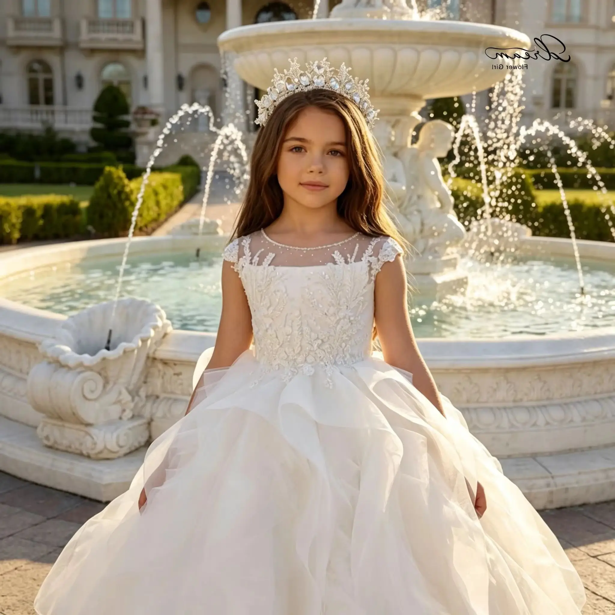 Princess Flower Girl Dress for Wedding Lace Applique Tulle Floor Lenght Infant Baptism Gowns First Communion Gowns Customized