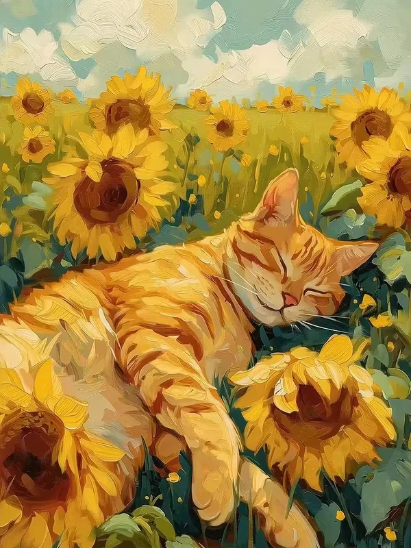 quebra-cabeca-de-gato-laranja-gordo-adormecido-em-campo-de-girassois-decoracao-de-parede-para-casa-com-ceu-azul-pastel-e-nuvens