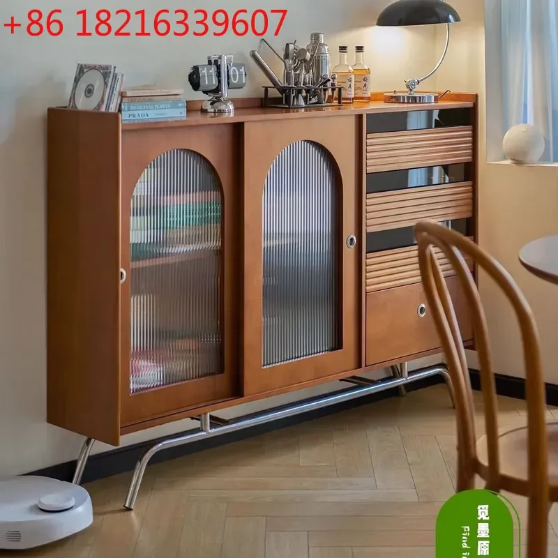 YAONordic Retro Solid Wood Dining Side Cabinet Integrated Against Wall Living Room Coffee Machine Table Tea Storage Cabinet