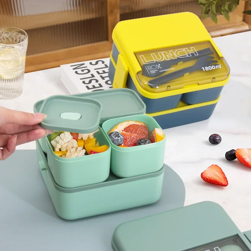 Portable Single/double Layer Compartmented Lunch Box Microwave Bento Boxe with Fork and Spoon Sealed Food Storage Container