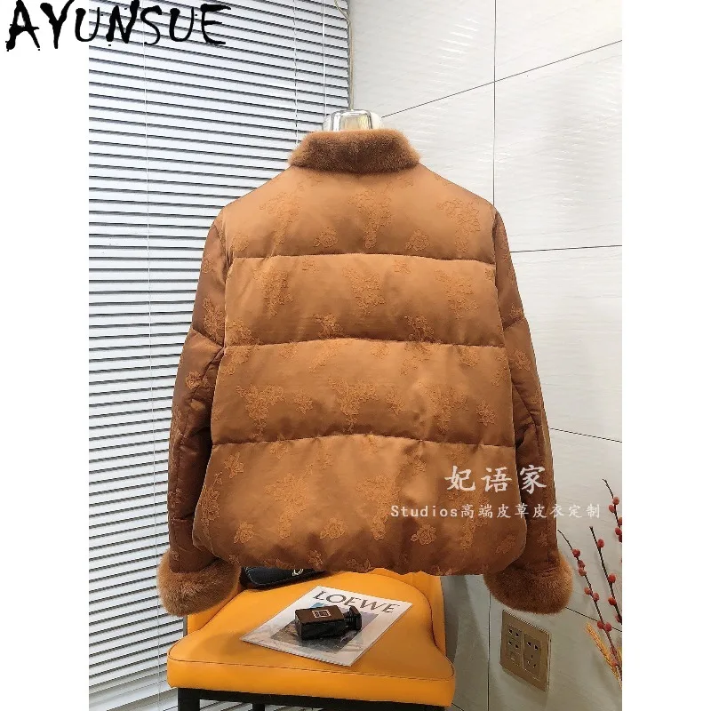 AYUNSUE Goose Down Jacket Woman Fashion Mink Fur Stand Collar Outerwear Embroidered Fur Down Jacket Woman Winter Coats Пуховик