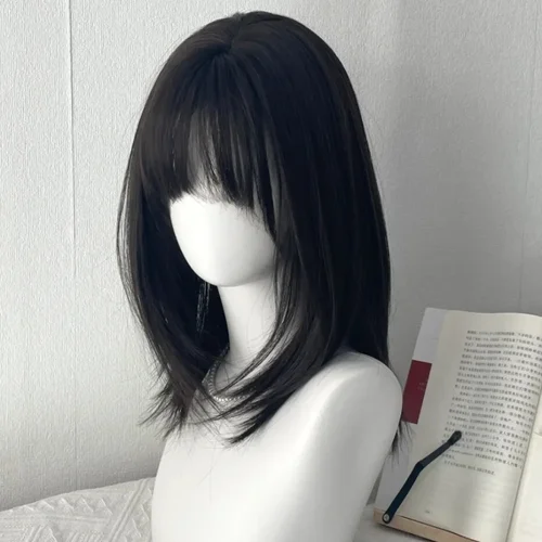 Imagen 2 del producto Peluca Y2K para mujer, pelo liso medio largo negro, simulación Natural, peluca de uso diario con flequillo, peluca sintética Bob de pelo corto