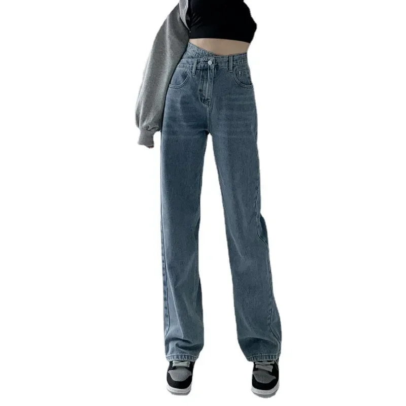Spodnie z szerokimi nogawkami Damskie dżinsy w stylu vintage Wysoka talia Luźny krój Podstawy Pełna długość Kieszenie Guzik 2025 Casual Denim Proste spodnie — zdjęcie 5