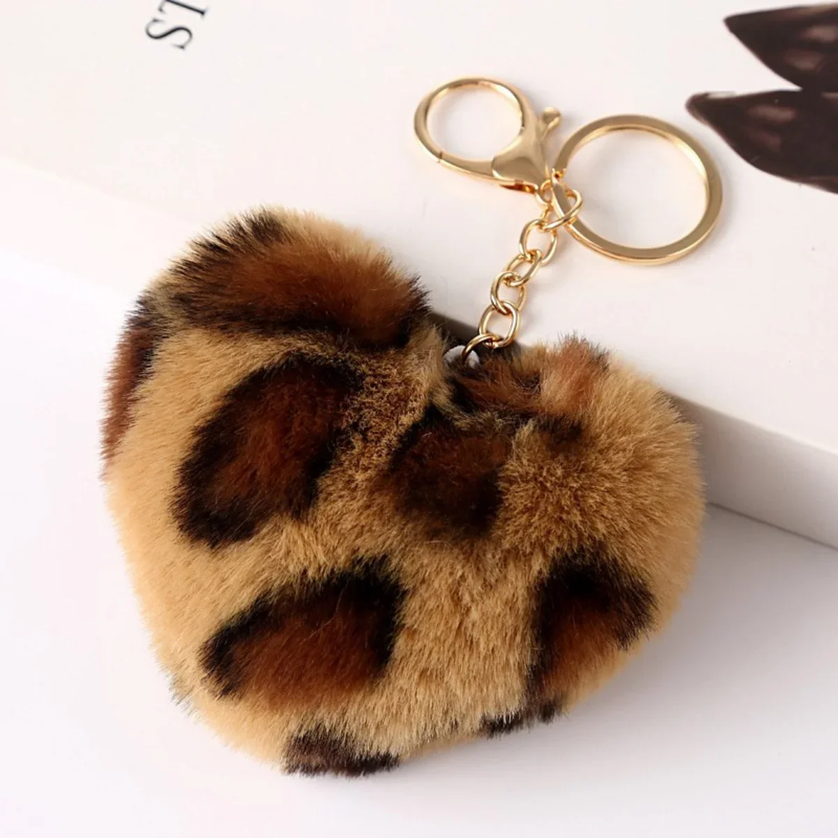 Heart Plush Pompom Keychain Set | Leopard Print Love Hair Ball | High-Quality Fluffy Faux Fur for Car Keys Bags Gifts