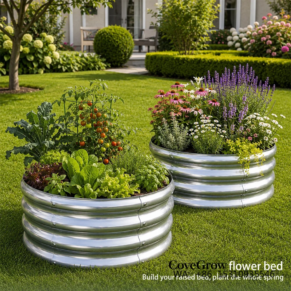 Round Galvanized Metal Raised Garden Bed for Outdoor with Open Bottom Metal Plant Bed For Garden Planting