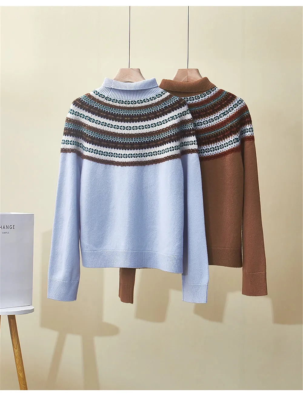 Winter Women's New Semi High Neck Jacquard Knitted Cashmere Pullover Sweater