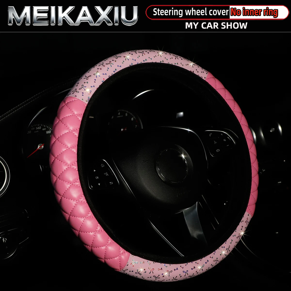 PU leather 3D embroidered and gold-embossed bow bling-bling sparkling car steering wheel cover for women without inner ring