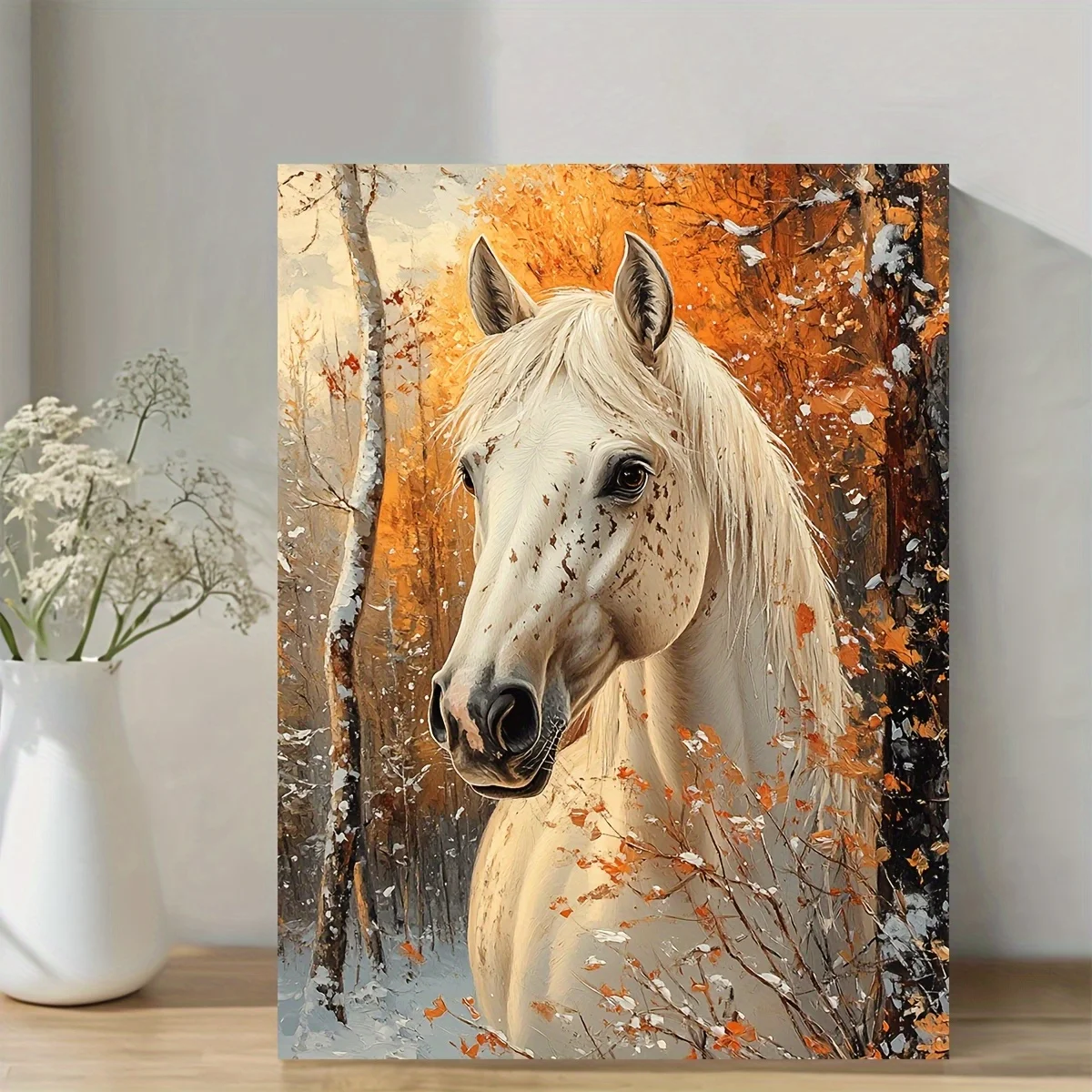 Pintura en lienzo enmarcada, caballo blanco en el bosque otoñal con oro, arte de pared moderno listo para colgar para sala de estar, oficina, 1 ud.