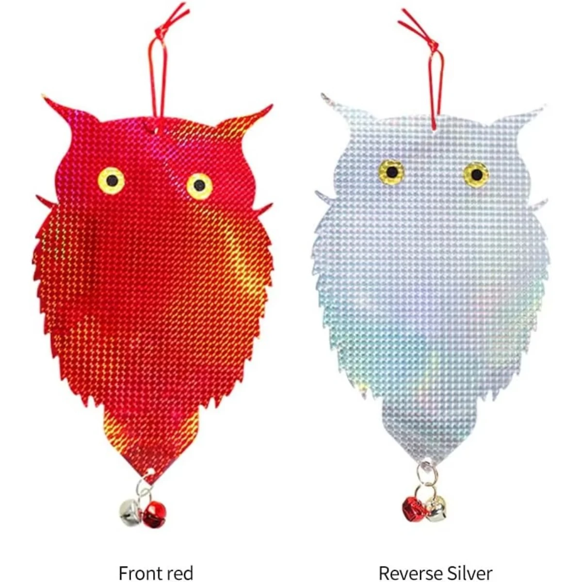 Hanging Bird Repellent Reflective Owl Decor Waterproof Double Sided Scare Device with Bell Wind Chime for Home Garden Patio Yard