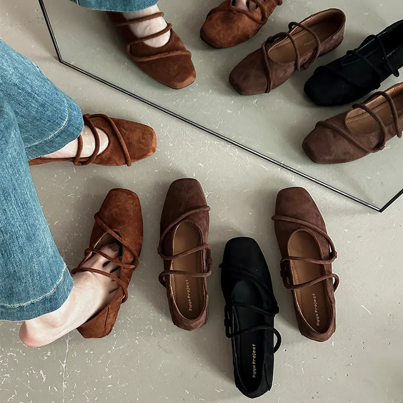 Women Double Strap Mary Janes Shoes Square Toe Suede Slip On Shoes Vintage Soft Sole Daily Internal Elevation Shoes