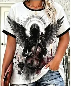 Women Dark Fallen Angel Violin Print Ringer T‑Shirt Gothic Black Rose Candle O‑Neck Short Sleeve Casual Tops