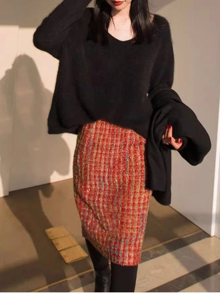 Women’s High Waisted Tweed Pencil Skirt Wool Blended Classic Vintage Midi Skirt for Work, Office Elegant Daily Wear