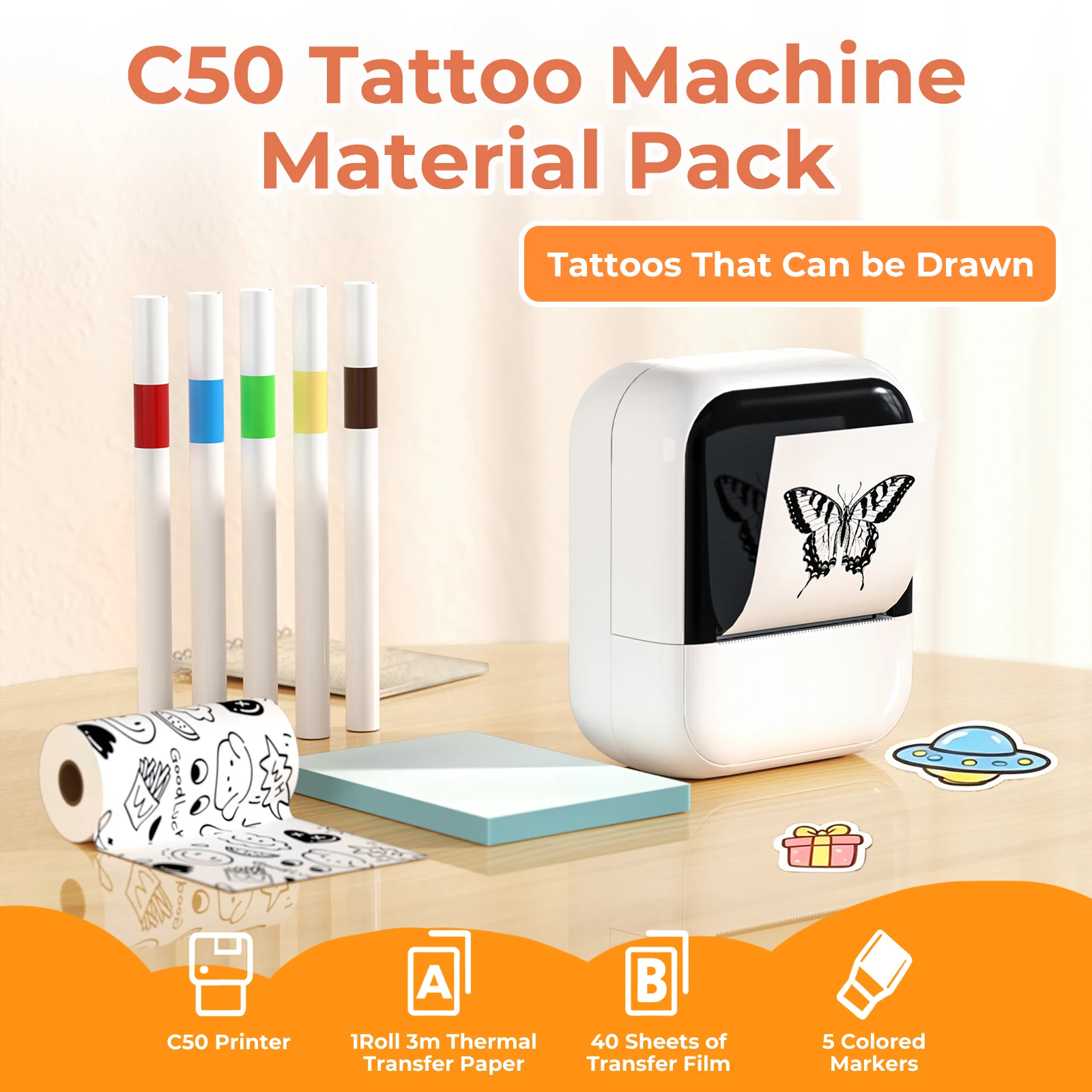 Orico Mini C50 Wireless Thermal Inkless Printer Water Transfer Tattoo Sticker Label Machine Bluetooth DIY Pattern Printing