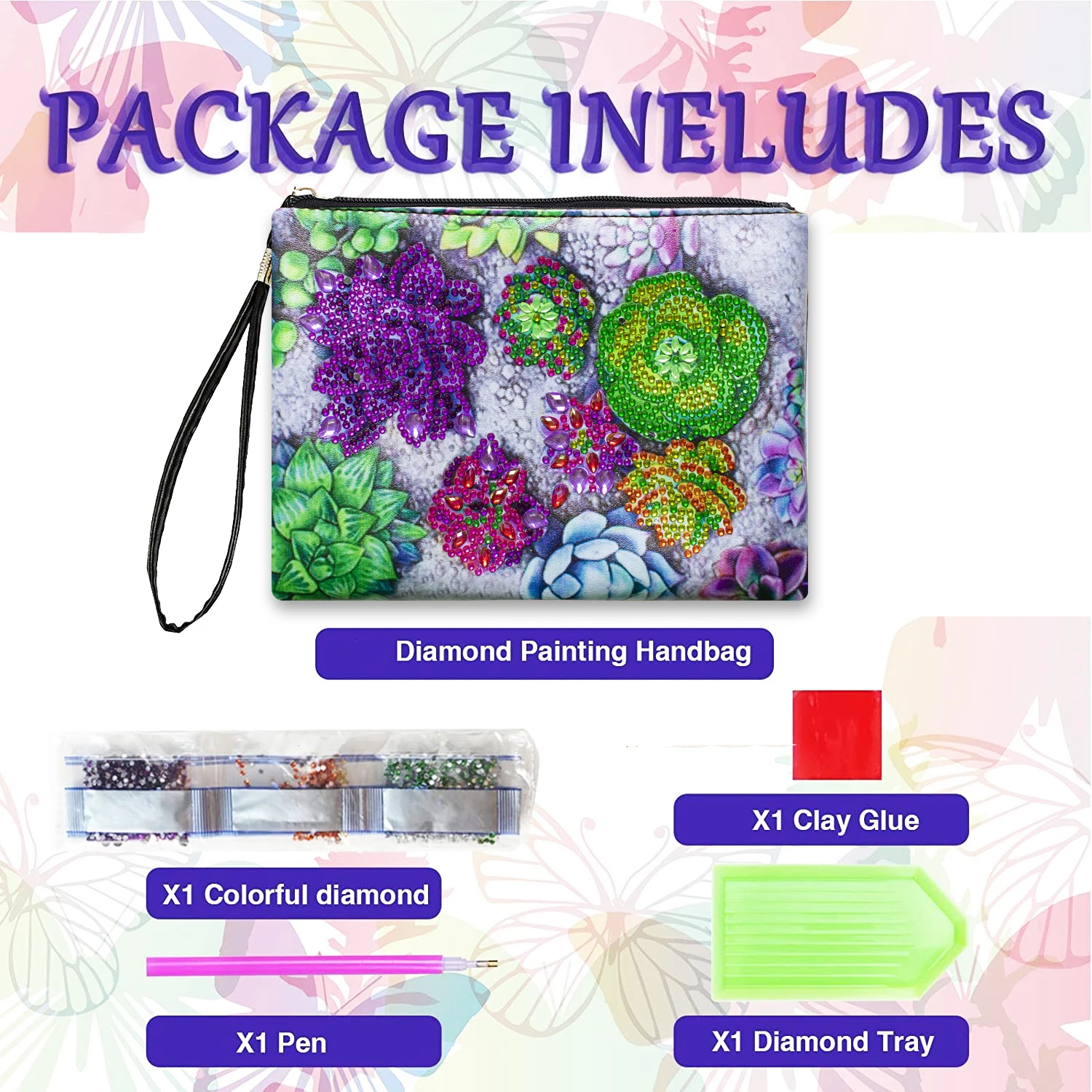 1pc DIY Succulents Diamond Art Clutch Purses and Handbags Leather Cosmetic Bag Special Shaped Diamond Painting Purses for Adults