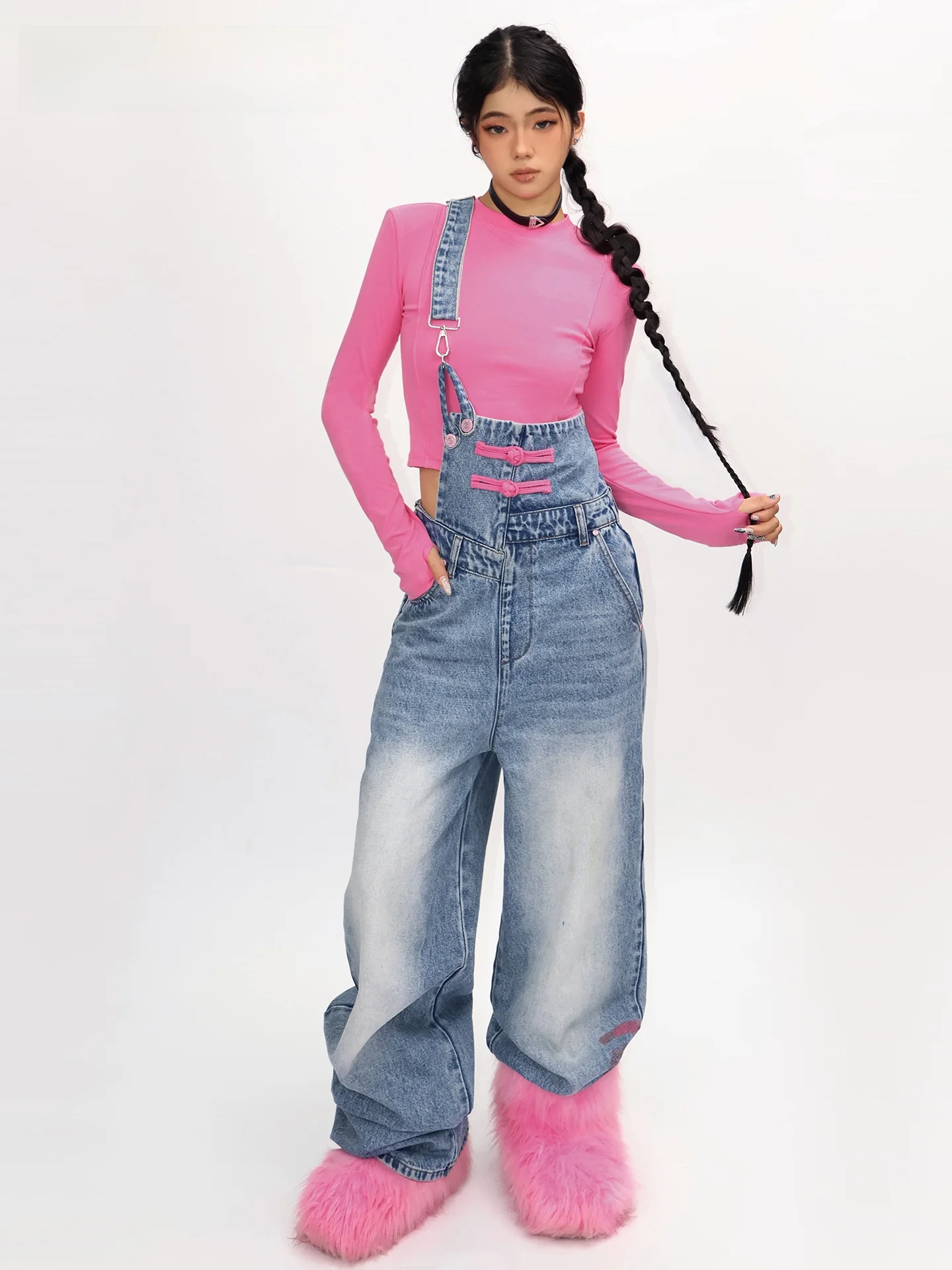 Cool Single Shoulder Denim Overalls Women's Slimming Jeans Eastern Artist Design Autumn Collection Ladies Fashion Cotton