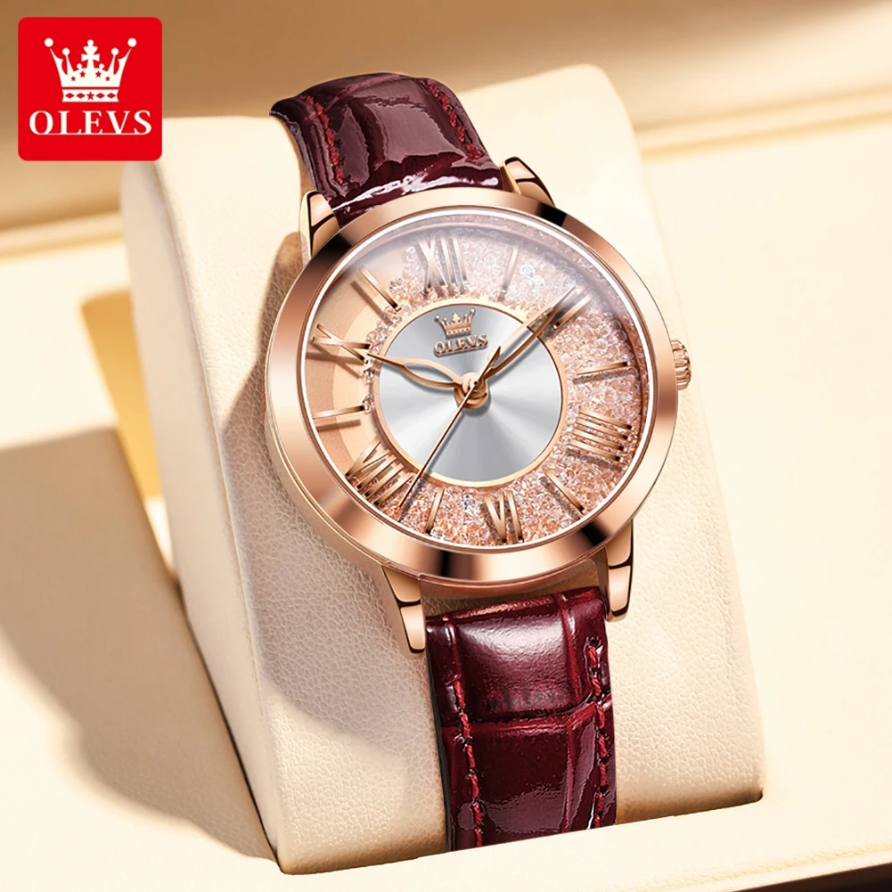 Original OLEVS New Quartz Watch Women Top Brand Leather Watchband Elegant Fashion Quicksand Female Watch Girls Dress Wristwatch