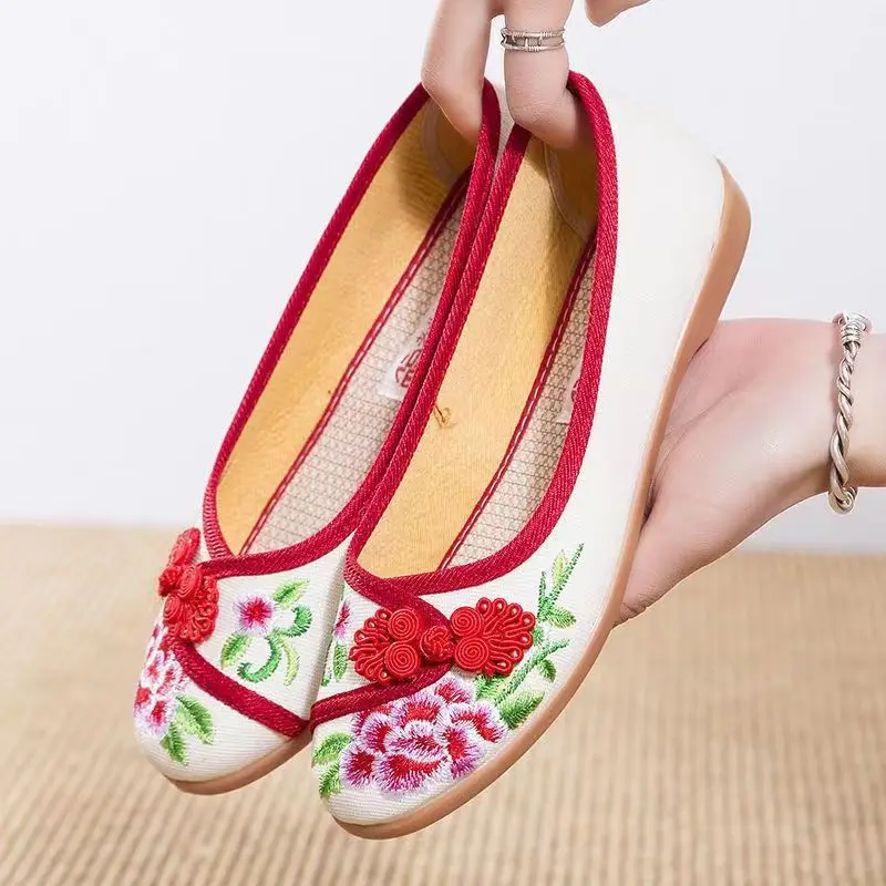 2024 Woman's New Spring Summer Ethnic Style Embroidered Canvas Shoe Soft Sole Non Slip Shallow Slip-On Flat Sole Ballet Shoes image 6