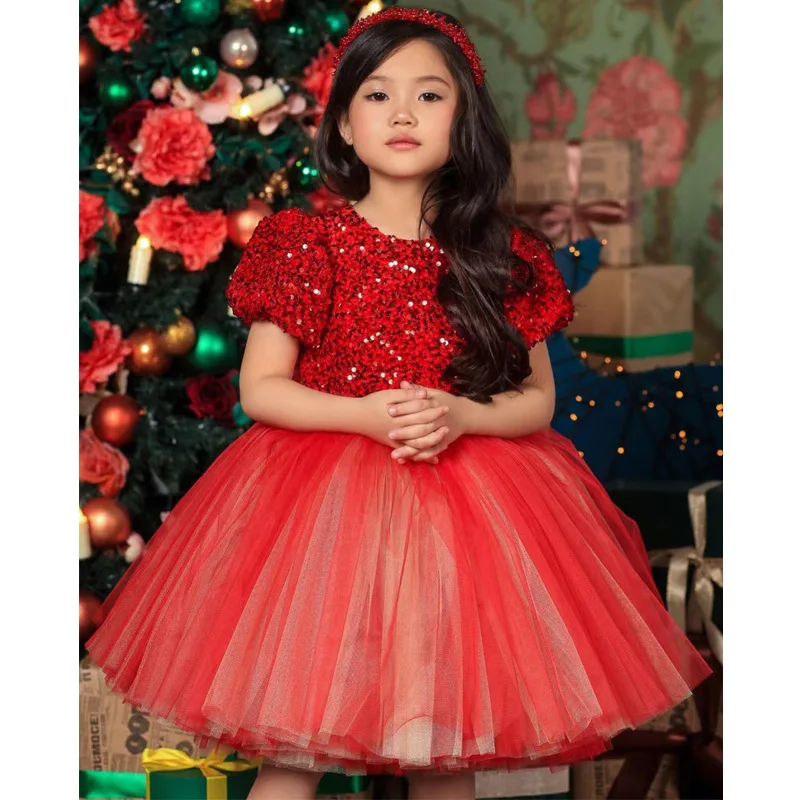 Kids Birthday Party Dresses for Little Girl Size 3 To 12 Years Prom sequin Dress Luxury Gowns Big bow Evening Formal Frock