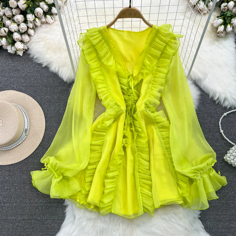 ssTss Spring Autumn Super Sweet  Long Sleeve Ruffled Dress Women Beach Vacation V-neck Waist Show Thin Holiday Photo Dress