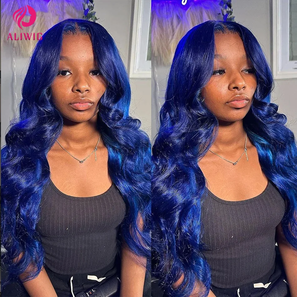 Perruque Lace Front Wig Body Wave brésilienne naturelle sans colle, cheveux humains, bleu foncé, 13x4, transparente, pre-plucked, pour femmes, soldes