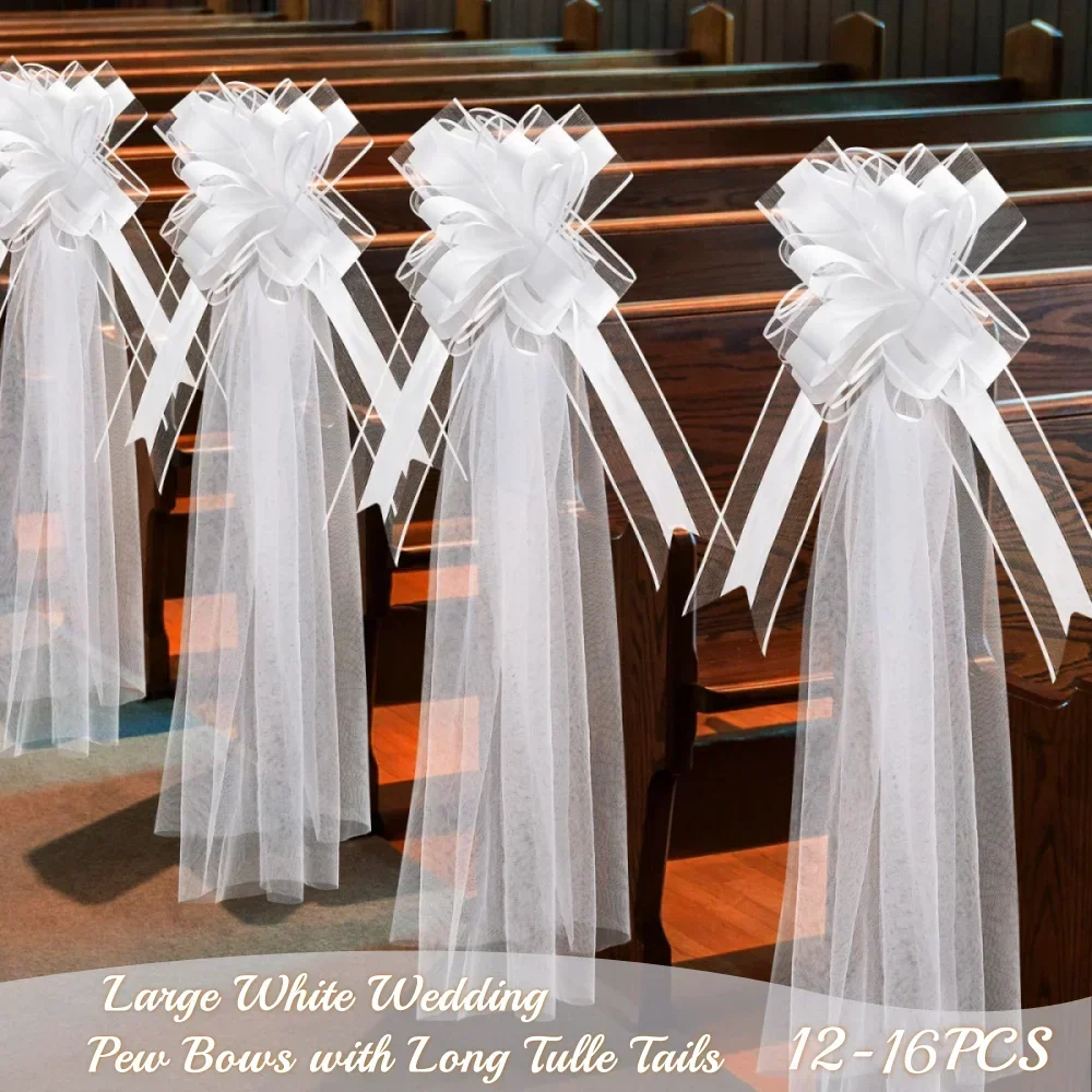 

12-16PCS Church Wedding Pew Bows with Long Tulle Tails Chair Aisle Decor Wedding Car Decoration for Church Aisle Decor Ceremony