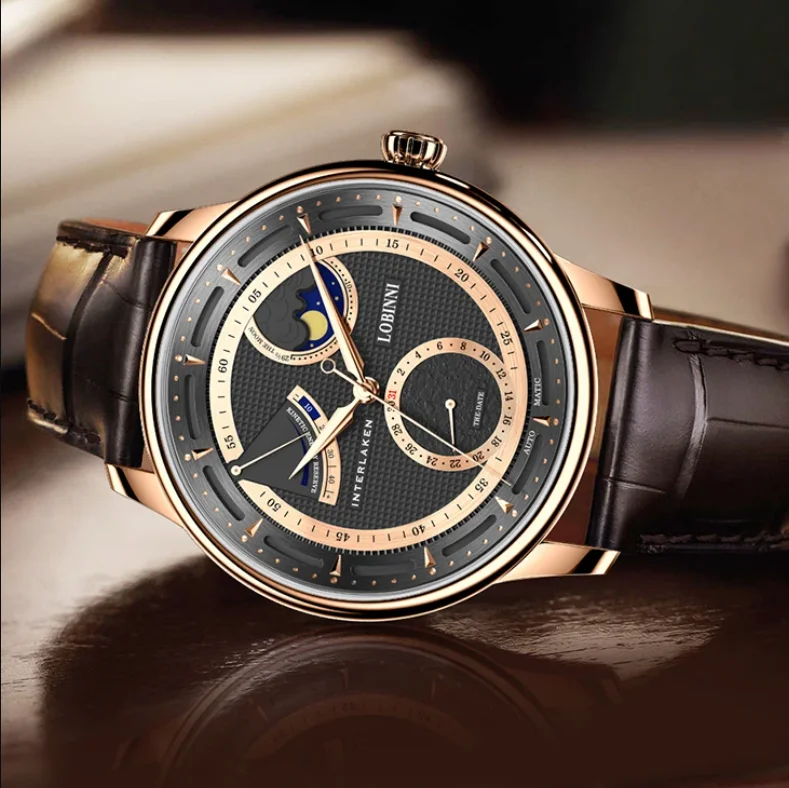LOBINNI Mens Automatic Watch 41mm Moonphase Mechanical Wristwatch 50M Waterproof Sapphire Power Reserve Indicator