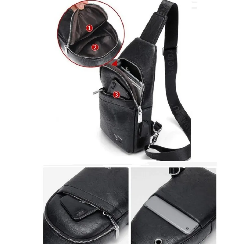 Men's Chest Bag Large Capacity PU Leather Crossbody Shoulder Bags with USB charging port Casual Trend
