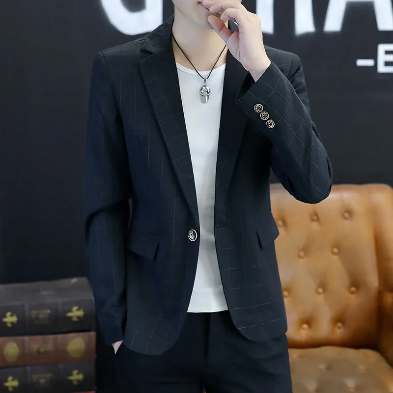 

Autumn Plaid Men's Slim Fit Casual Sli Briti Sle Single Breasted Coat Long Sve Polyester Fiber Faion Outerwear