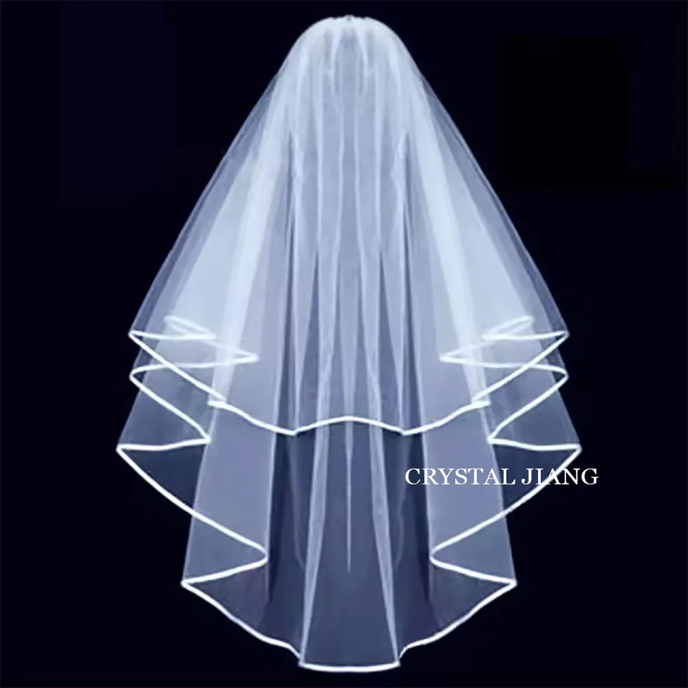 Simple 2 Layers Ribbon Edge Bridal Veils with Comb Fingertip Soft Tulle Bride Marriage Short Wedding Veil Accessories