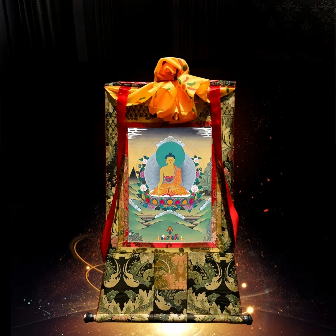 Tibetan Shakyamuni Buddha Thangka Hand Painted Wall Hanging 90cm Brocade Buddhist Altar Home Decor