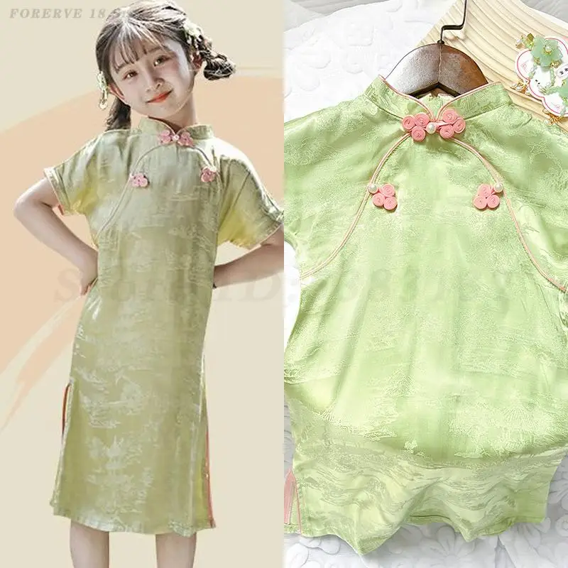 

Children's Summer Qipao Girls' Chinese Style Retro Cheongsam Dress Traditional Improved Qipaos Hanfu Mandarin Collar Kids Gown