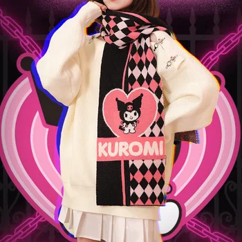Sanrios bonito quente losango cachecol kuromi pochacco anime kawaii outono inverno engrossado amor feminino coração de malha lenço presentes