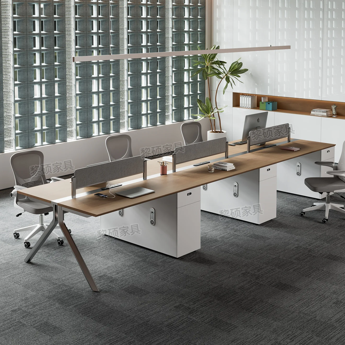 Desk and staff seats, four-person staff desk and chair booths