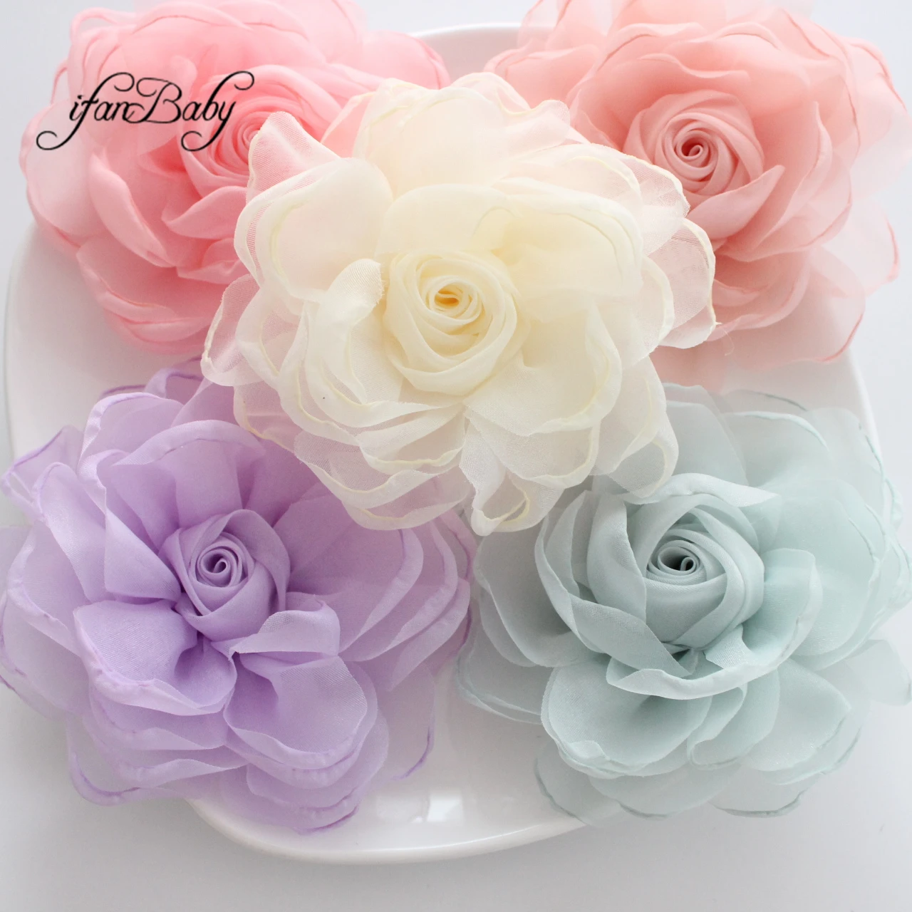 Chic Big Floral Women Hair Accessories Kids Girl Elegant Flower Organza ROSE Burnt Fabric Hair Flowers