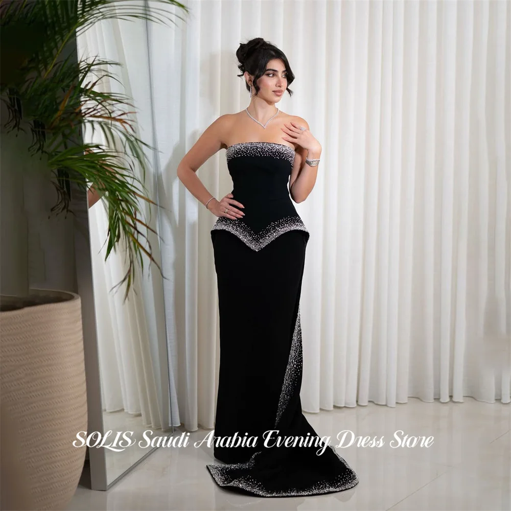 

SOLIS Black Formal Gown Sleeveless Satin Prom Dresses With Rhinestones Evening Dress Floor Length Modern Style Simple Customized