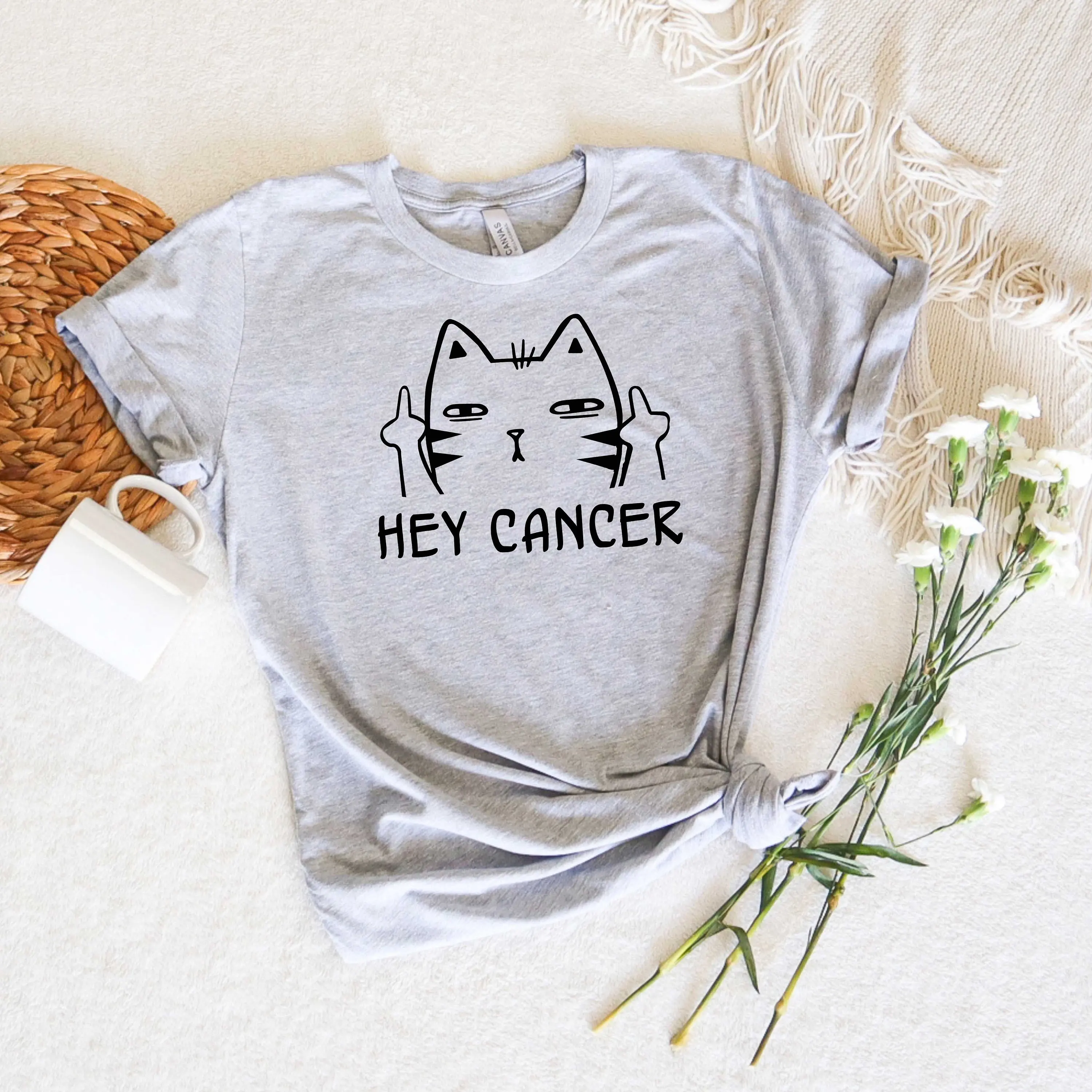 Hey Cancer T Shirt Cat Middle Finger Motivation Fighter Person Awareness October