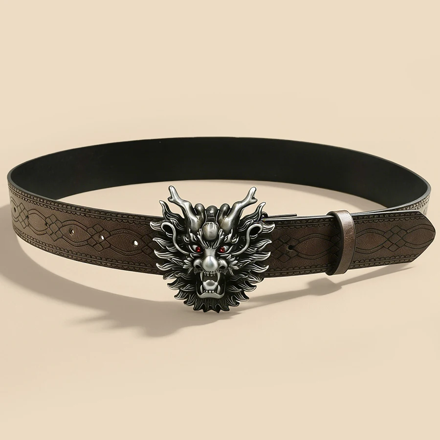 Chinese Dragon Head Buckle Belt Brown Embossed Unisex Vintage Waistband Retro Distressed Decorative Accessory