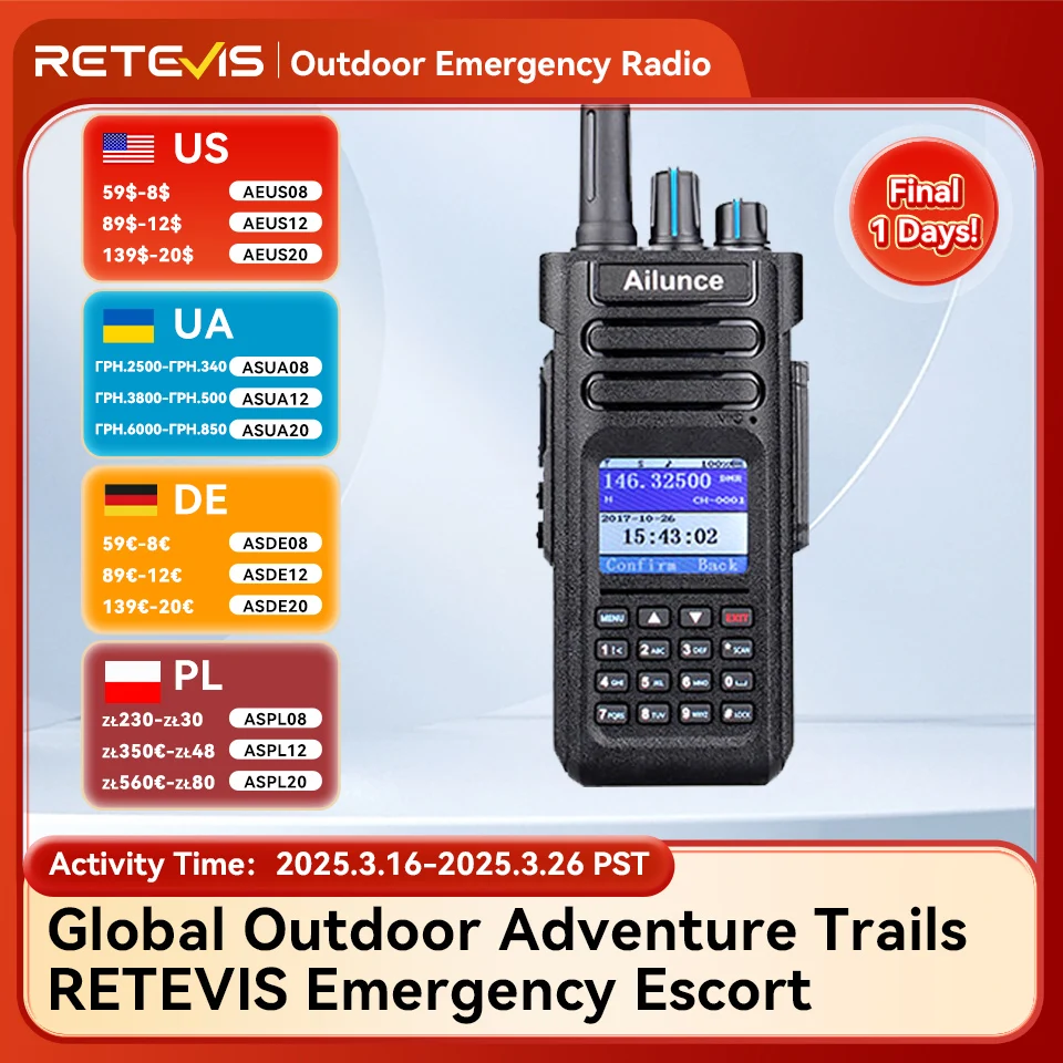 Ailunce HD1 DMR Digitale Walkie Talkie Ham Radio Lange afstand Amateur Tweerichtingsradio Walkie-talkie GPS VHF UHF Dual Band Transceiver