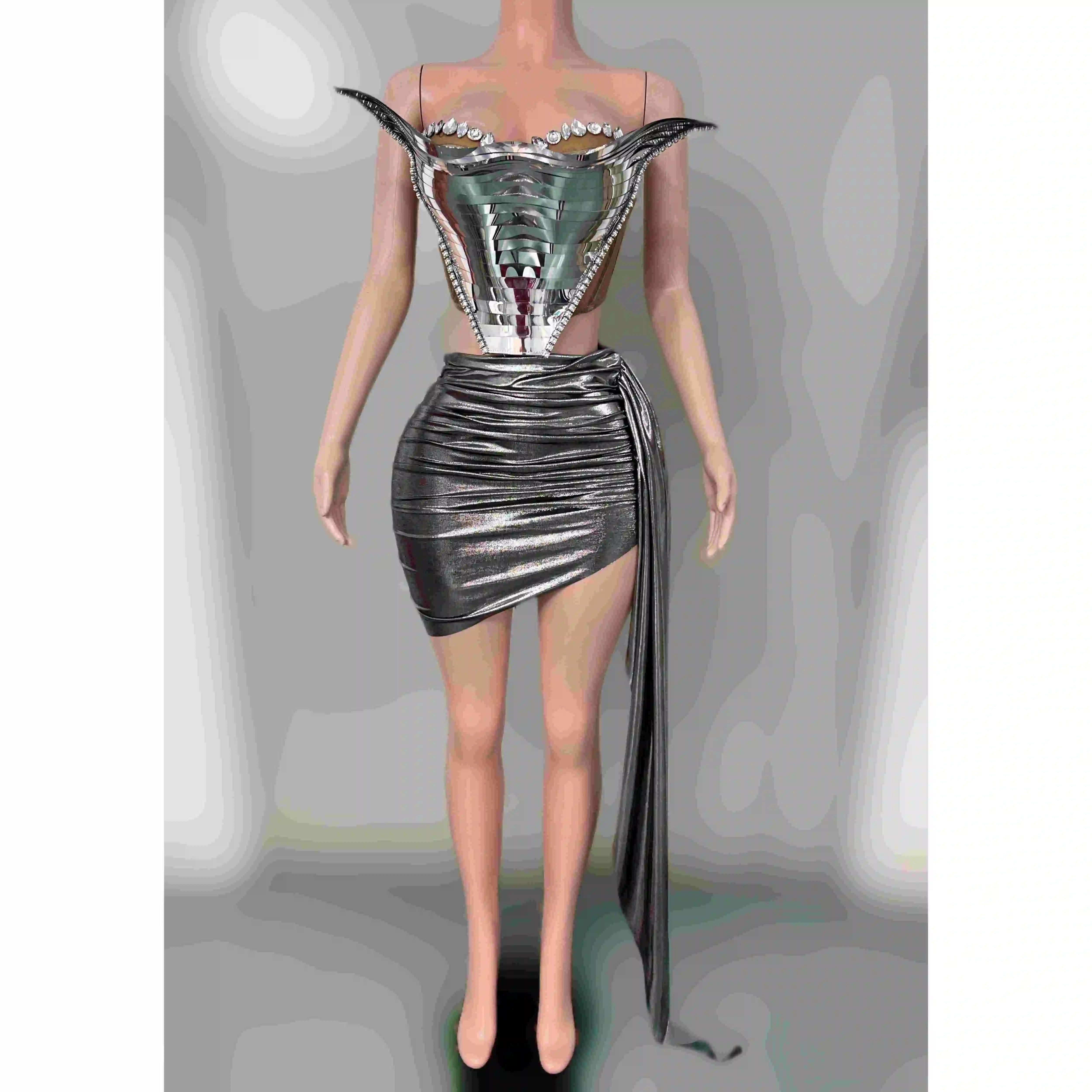 Fishing Rod Nightclub DJ Singer Ds Silver Gogo Fishbone Strapless Hip Hugging Skirt Performance Outfit Bar Stage Dress DN19463