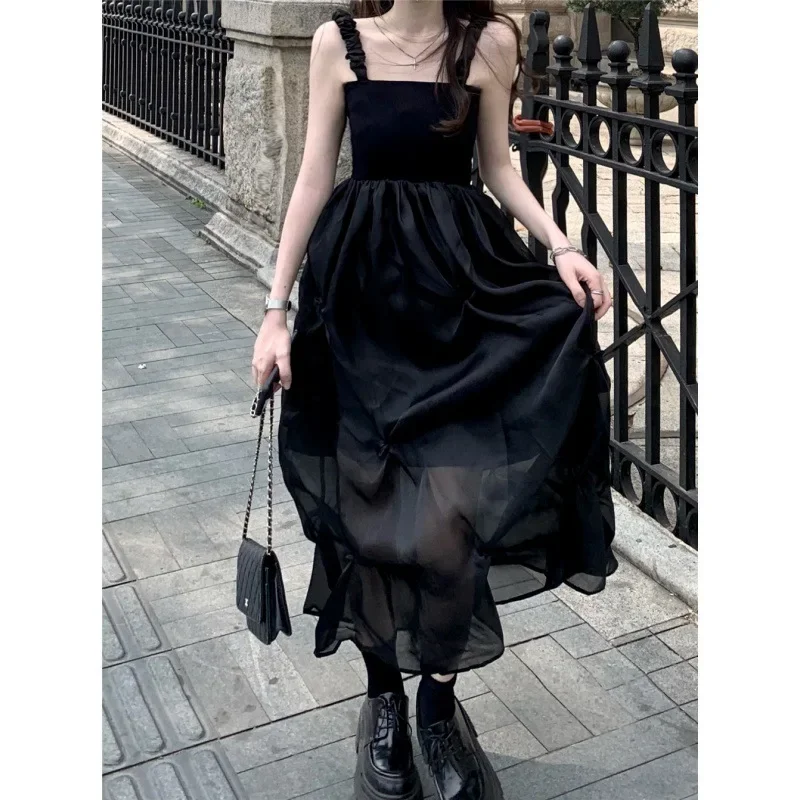 

2024 New Dress Women Harajuku Egirl Skirt Spaghetti Strap Lace Long Robe Punk Club Party Dress Grunge Streetwear Black Sexy